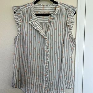 White with black stripes and light pink accent women’s blouse.